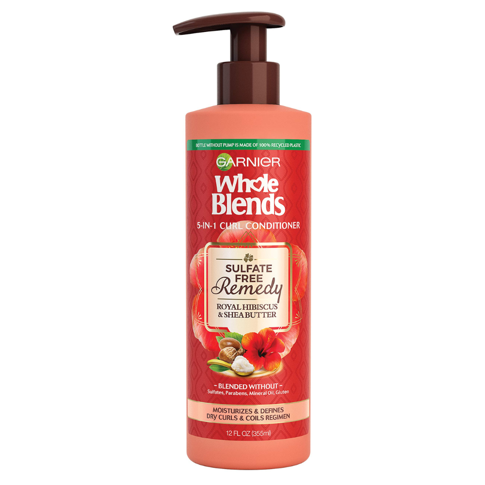 Garnier Whole Blends 5 en 1 acondicionador para el Cuidado de Rizos con Hibisco Real y Manteca de Karité, 12 fl oz