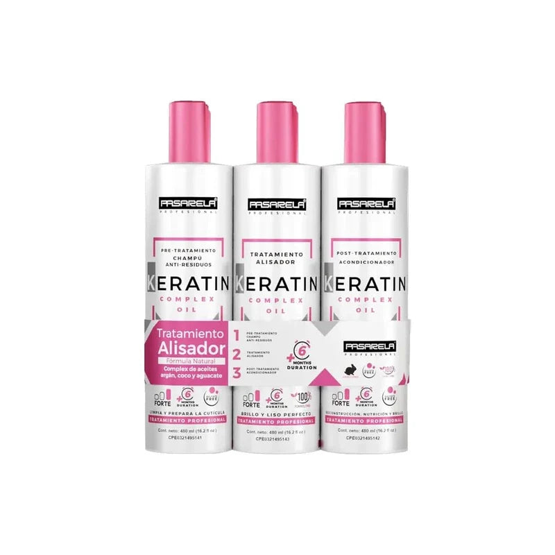 Keratin Kit Oil Complex Pasarela Profesional – 3 Steps Smoothing Treatment 480ml - Straightener Treatment For All Hairs Formaldehyde Free