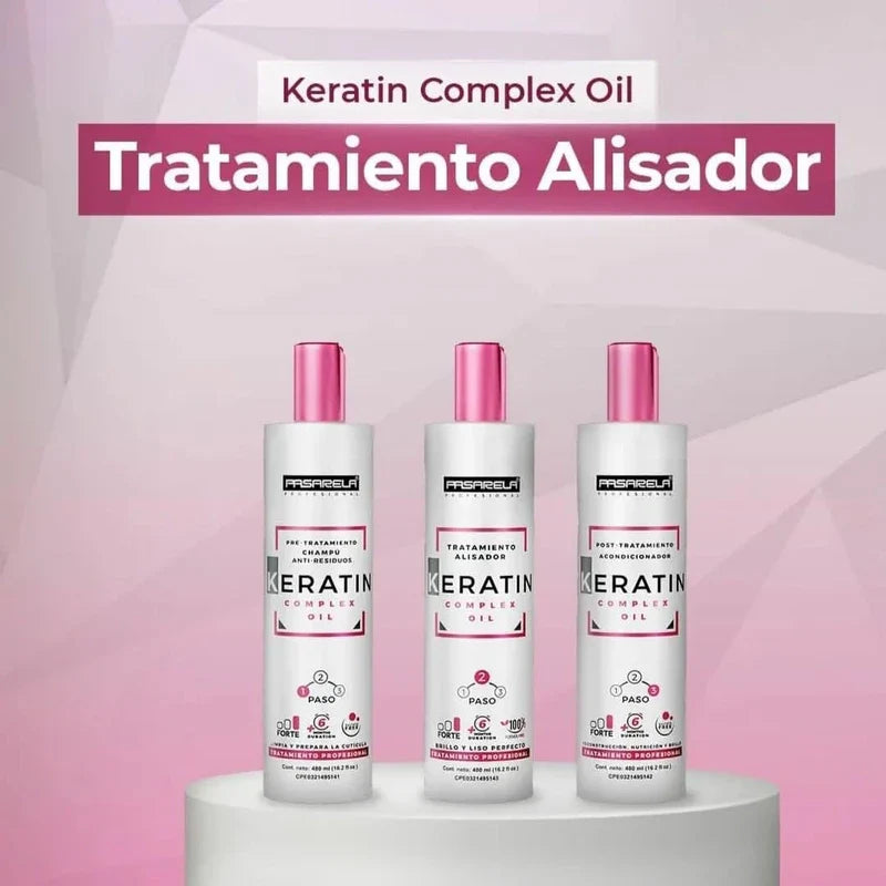 Keratin Kit Oil Complex Pasarela Profesional – 3 Steps Smoothing Treatment 480ml - Straightener Treatment For All Hairs Formaldehyde Free