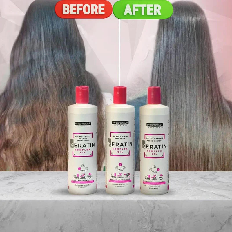 Keratin Kit Oil Complex Pasarela Profesional – 3 Steps Smoothing Treatment 480ml - Straightener Treatment For All Hairs Formaldehyde Free