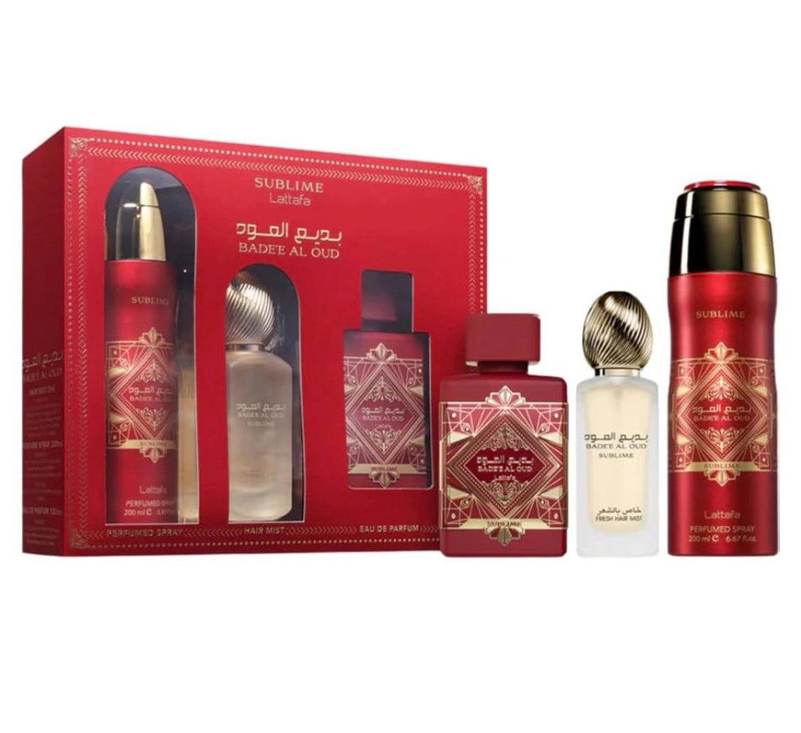Lattafa Badee Al Oud Sublime - Set unisex de 3 piezas (Eau de Parfum Spray de 3.4 oz + 1.7 oz para el cabello + 6.7 oz desodorante en aerosol)