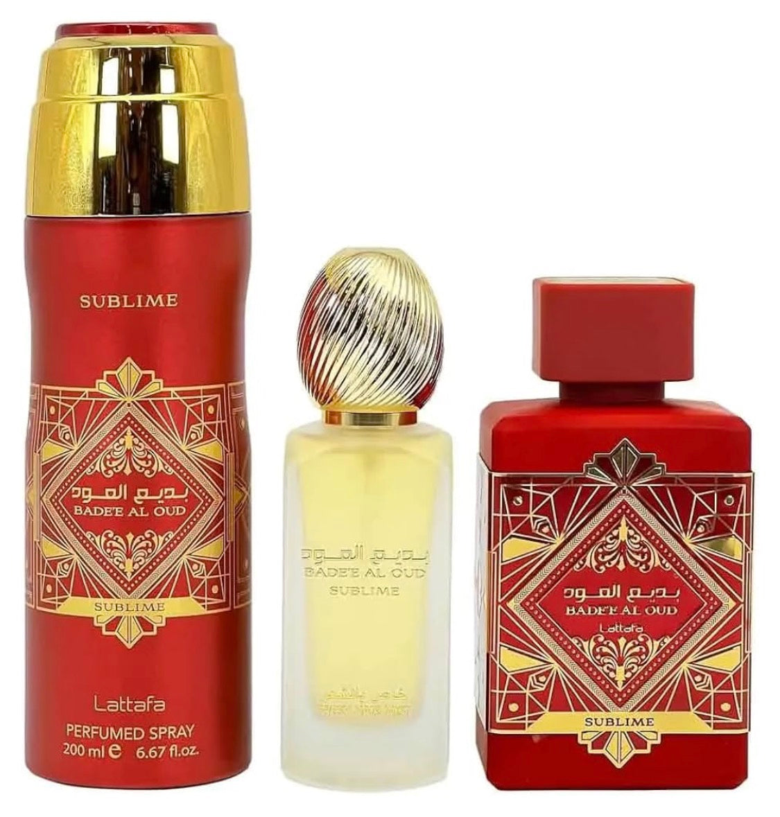 Lattafa Badee Al Oud Sublime - Set unisex de 3 piezas (Eau de Parfum Spray de 3.4 oz + 1.7 oz para el cabello + 6.7 oz desodorante en aerosol)