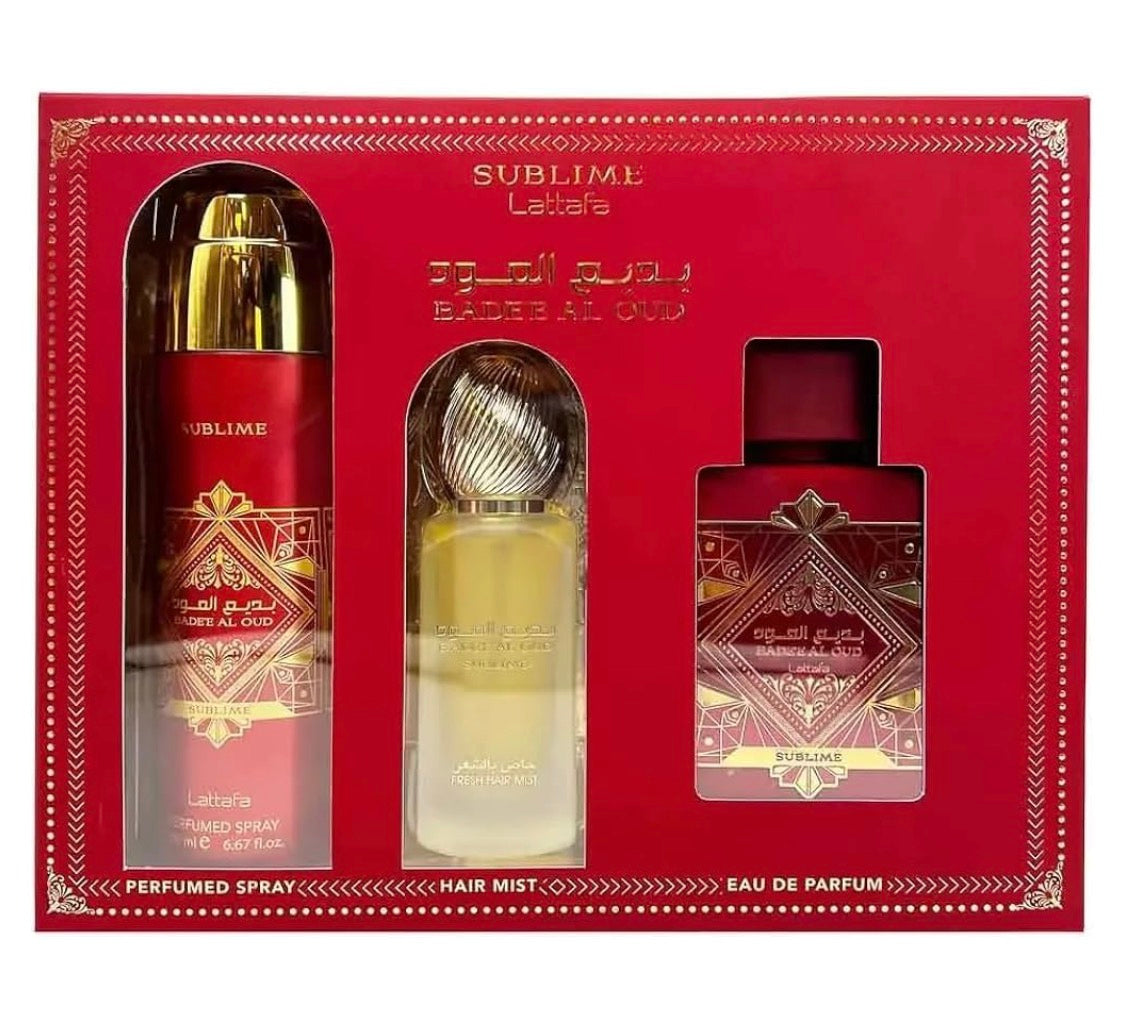 Lattafa Badee Al Oud Sublime - Set unisex de 3 piezas (Eau de Parfum Spray de 3.4 oz + 1.7 oz para el cabello + 6.7 oz desodorante en aerosol)